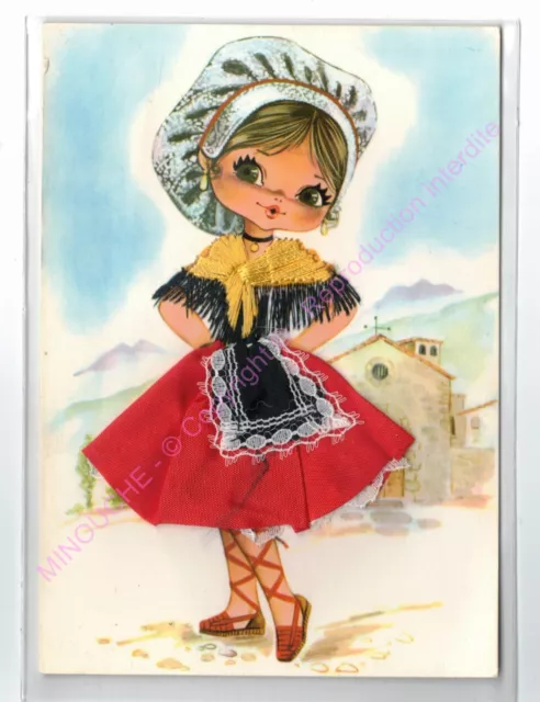 Tarjeta Postal Brodee Bordado Folklore Niña Pequeña Vestido Rojo