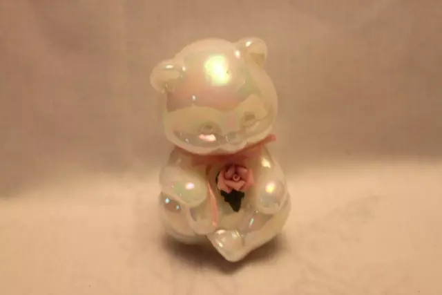 Fenton Sitting Glass Bear Opalescent with Pink Ribbon and Pink Rose