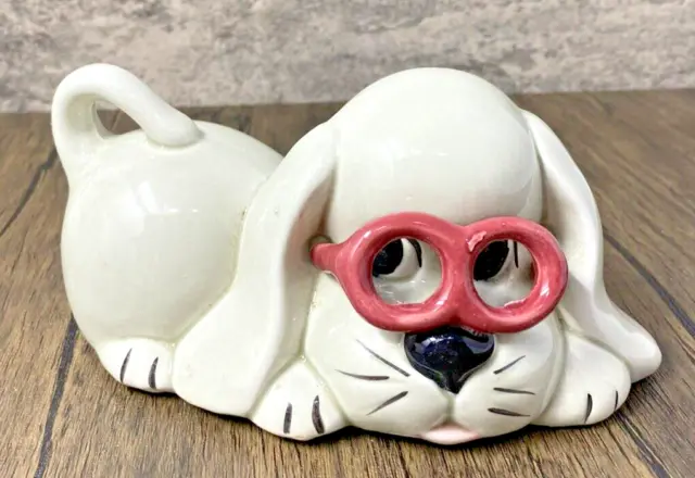 VINTAGE Cute Kitschy 1960s Ceramic Dog Coin Bank With Pink Glasses & Stopper