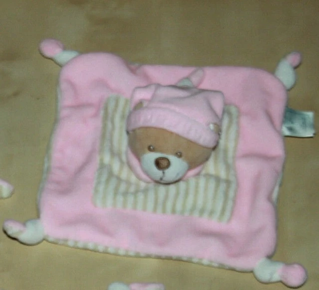 Doudou Mes Petits Cailloux Ours Plat Rose Raye Blanc Beige  Neuf