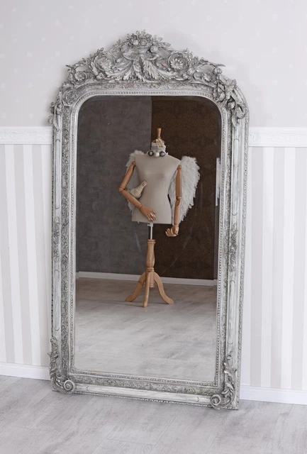 Miroir Mural Shabby Chic Rokoko à Colonne - Plein Longueur 156x85 Cm, Cadre Bois Gris, Style Antique