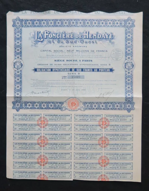 Action 1928 LA FONCIERE DE HENDAYE et du SUD OUEST  PARIS  titre bond share 4