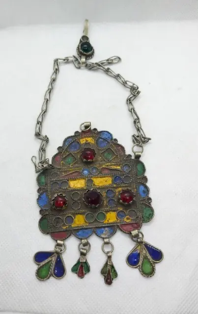 Vintage Antique Berber Enamel Kabyle Pendant Silver Color Moroccan Fine Red Ston