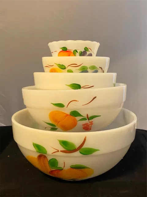 Anchor Hocking Fire King Gay Fad Fruit Pattern 6 Piece Lot Hand Painted Bowls