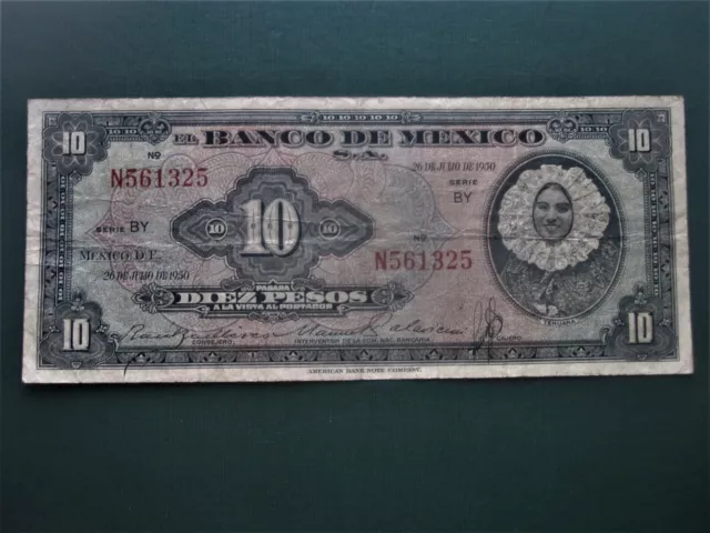 MEXICO 1950 Ten Peso 10 Dollar BY Series TEHUANA Portrait Circulated Banknote