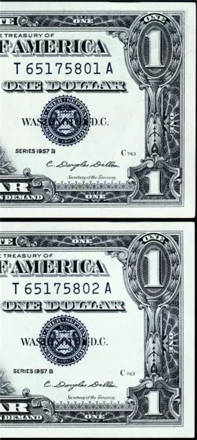 USPC TWO Fr. 1621 $1 1957 B SILVER CERTS W/ SEQUENTIAL SERIAL #S (UNC GEM)