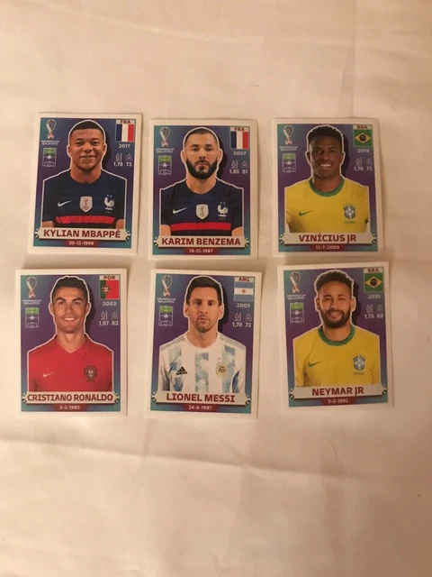 Lot De 5 Stickers Panini Qatar 2022 – Mbappé, Messi, Neymar, Benzema, Vinicius