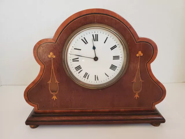 Nice Working Antique French Wooden Inlaid Details Mantel Clock *READ DESCRIPTION