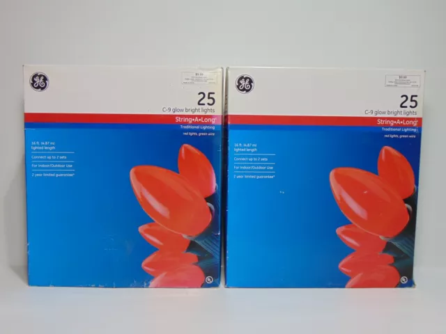 GE 25 C-9 Glow Bright Lights String A Long Red Lights 16' In/Out 2 Packages (G)
