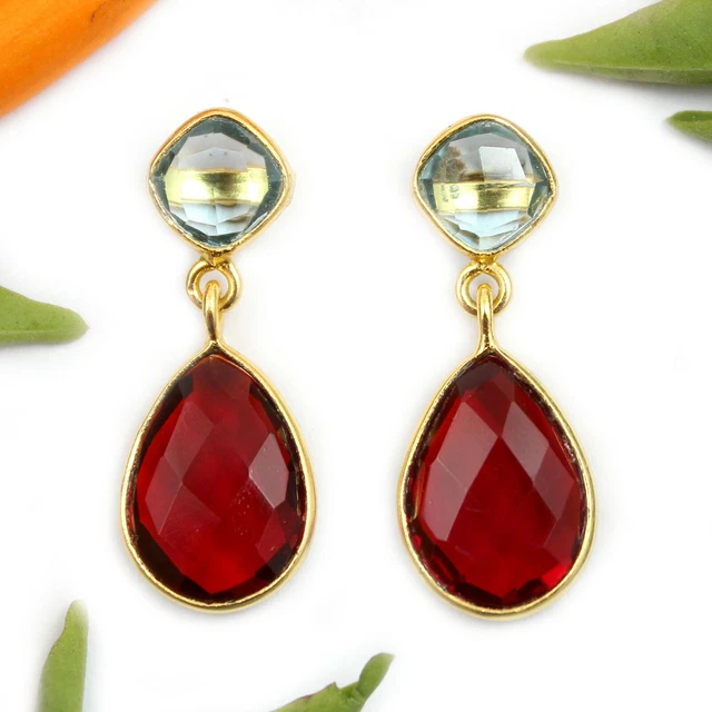 Classic Fashion Opalite Quartz Red Garnet Double Stone Gold Plated Stud Earring
