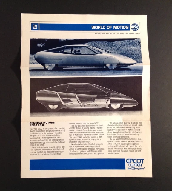 WORLD OF MOTION Epcot Center 2000 GM Brochure Aero Concept Car VTG ...