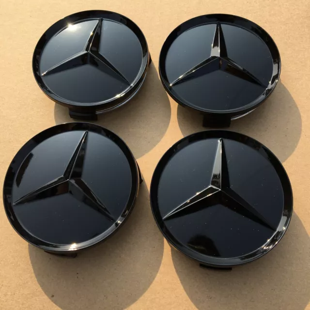 4x Mercedes Benz Wheel Center Caps Glossy BLACK 75mm Rim Emblem Hubcap Cover 3" 2