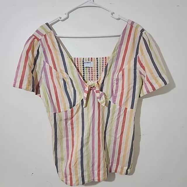 Old Navy Top Shirt Womens Large White Striped Short Sleeve Pullover Stretchy