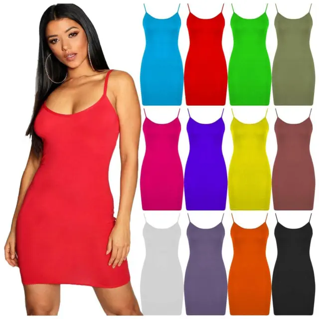 Womens Spaghetti Strappy Cami Bodycon Dress Ladies Sleeveless Tunic Mini Dress