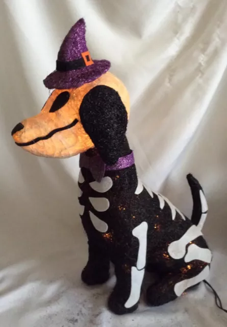 SISAL SKELETON DOG HALLOWEEN DECORATION witch hat pre-lit glitter cute yard RARE