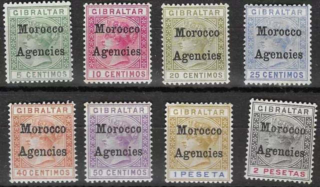 Stamps Morocco Agencies 1898 QV set of 8 MLH Gibraltar stamps opt T2 SG9-16