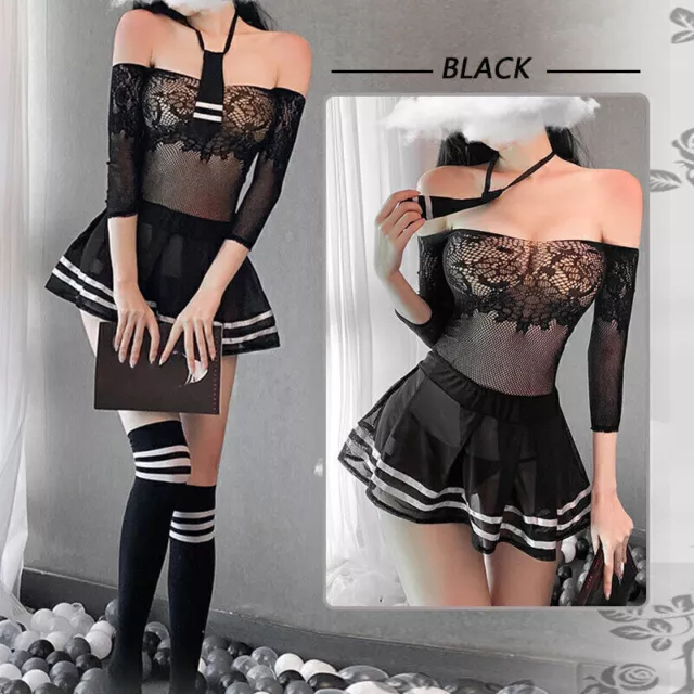 Damen Sexy Schulmädchen Uniform Nachtclub Cosplay Kostüm Outfit Dessous