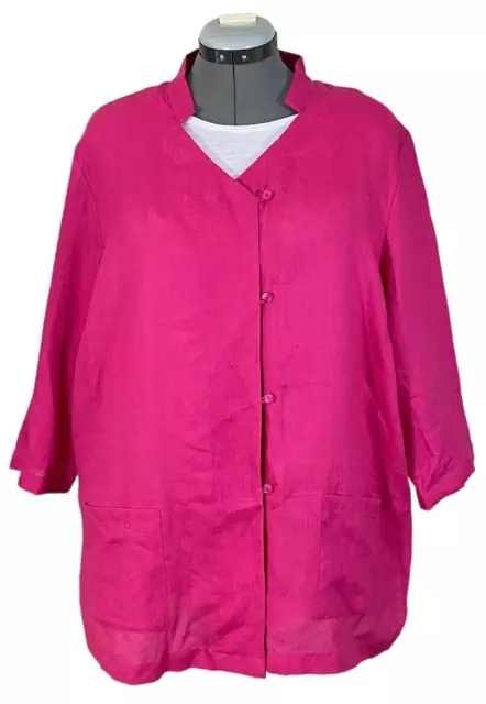 Carole Little Linen V Neck Tunic Blouse Button Shirt/Blazer Plus 2X Fuschia Pink