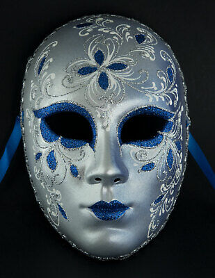 Mask from Venice Face Florale Blue Silver Top Quality Painted Handmade 888