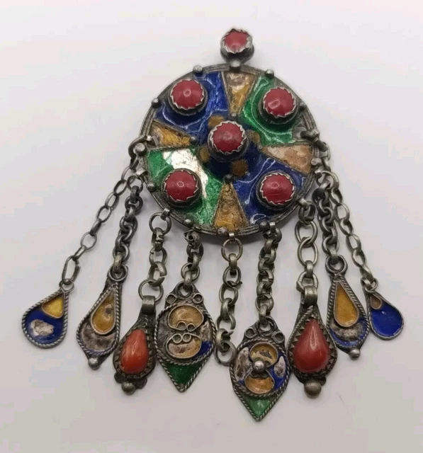 Bracelet Berbère Ancien En Argent Massif émaillé Et Corail Rouge - Art Kabyle - Occasion