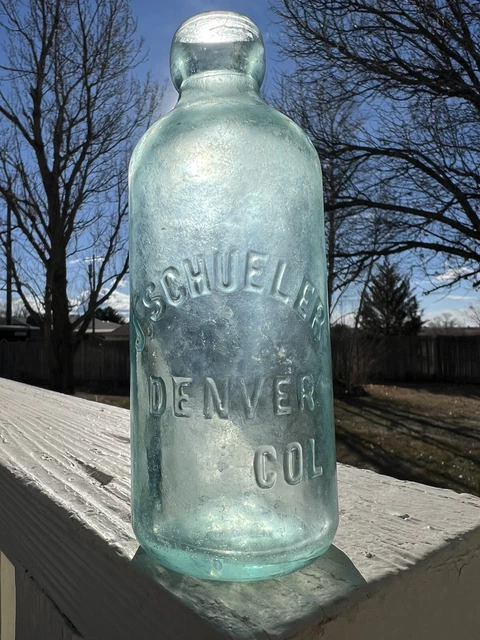 J Schueller Hutchinson Soda Bottle Embossed Denver Colorado Blue Tint