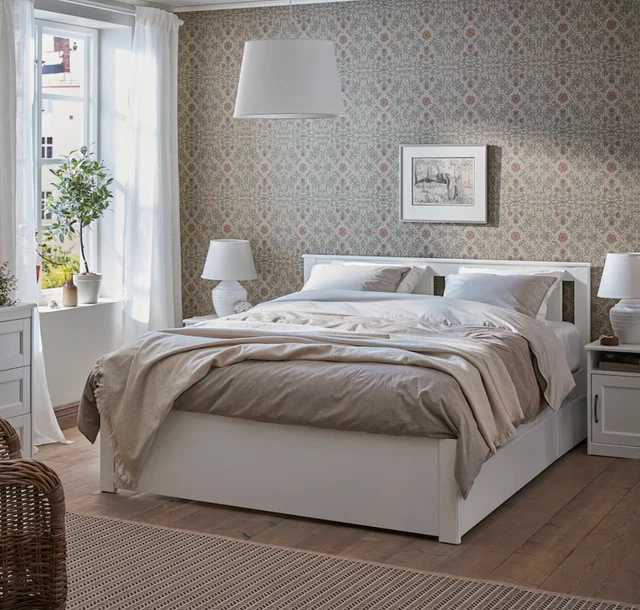 IKEA SONGESAND BED frame with 4 storage boxes, white/Luröy, Standard