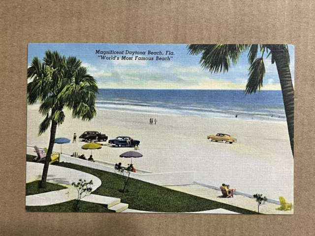 Postcard Daytona Beach FL World's Most Famous Beach Old Cars Ocean Vintage Linen