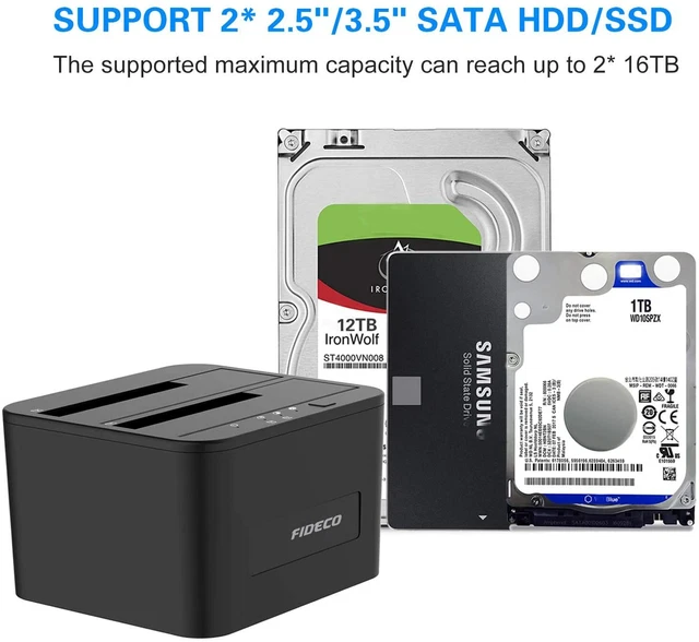 Disque Dur Externe 1to Station D'Accueil HDD/SSD FIDECO USB 3.0 - Double Baie, Clone Hors Ligne | Pour Disques 2.5/3.5" SATA Accessoire Stockage Externe