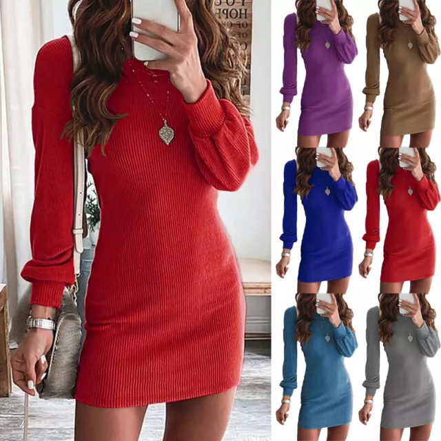 Femmes Col Rond Mini Robe Moulante Décontracté Manches Longues Travail Pull H *