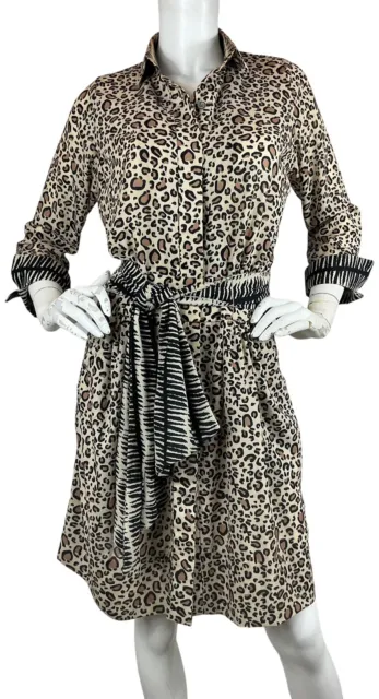 Gretchen Scott Leopard Print Blousen Belted Shirt Dress Pockets Button Front S