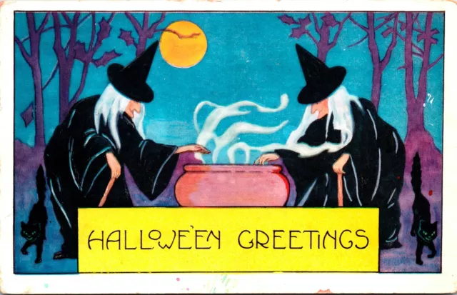 Scary Witches Boiling Pot, Hat, Spells, Moon & Forest Vintage Halloween Postcard