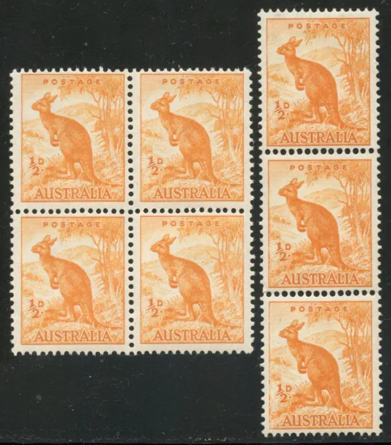 1938-66 1/2d ROO NO WMK COIL PERFORATION (large + small) IN A BLOCK/STRIP 3 MUH.