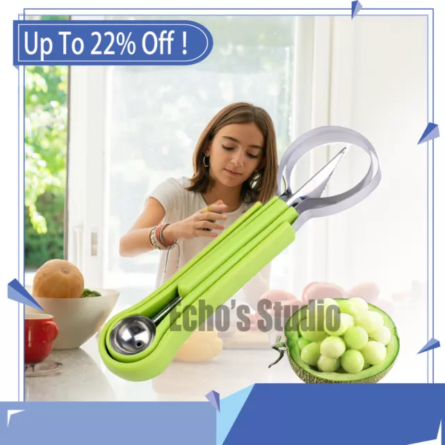 3 en 1 Acero Inoxidable Melón Bailarín Juego de Cuchara Herramienta Tallar Frutas Removedor Scooper