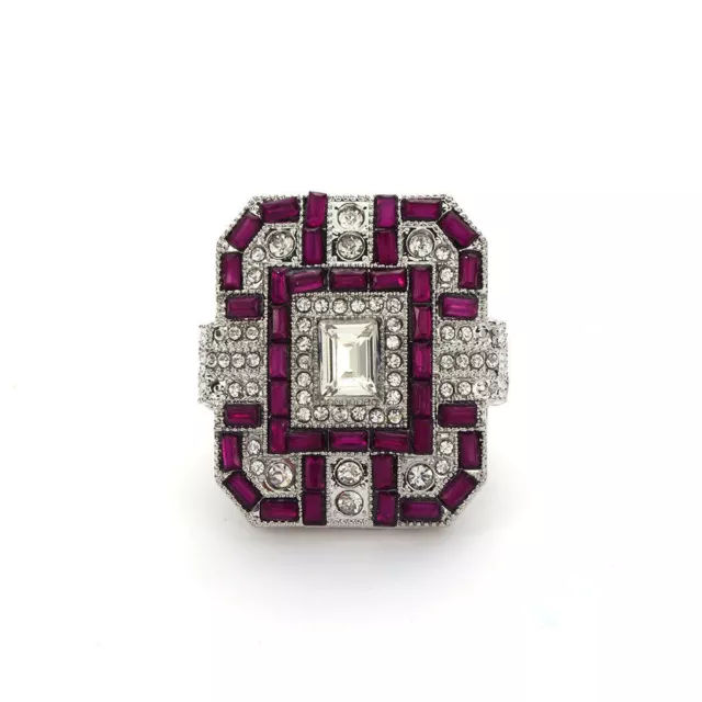 Anillo De Metal Plateada Estilo Art Deco Con Cristal Purpura Y Blanco