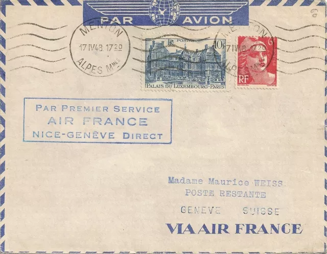 Lettre Par Avion Via Air France Nice Pour Geneve Suisse 1948