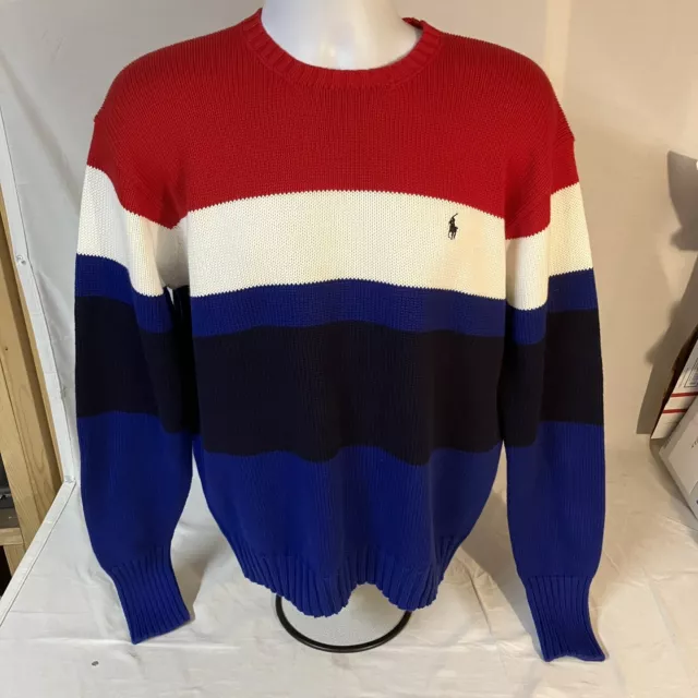 Polo Ralph Lauren Mens 100% Cotton Sweater Red White Blue Stripes Medium NWT FS!