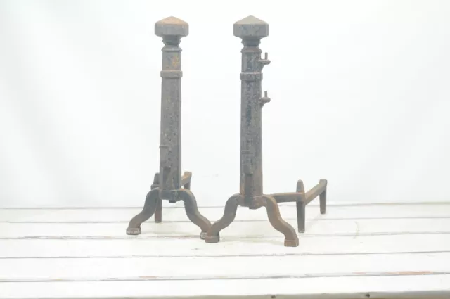 Antique Cast Iron Fire Dogs Mission Arts & Crafts Hammered Andirons 25" High