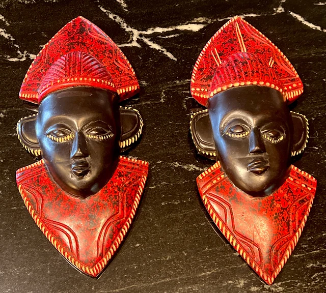 African Wooden Tribal Face Mask HandCarved Wood Folk Art Wall 2 pieces Red/Black
