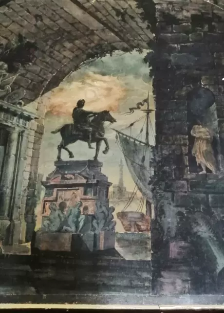 Antico dipinto tempera cartone Capriccio Notturno maniera P. Pannini XVIII sec 3