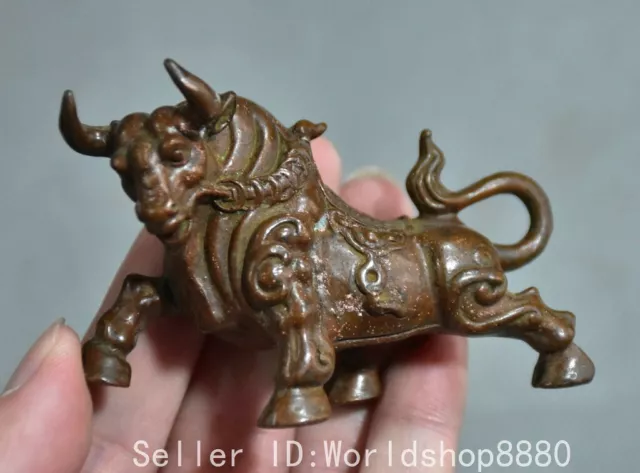 3" Old Chinese Red Copper Carved Fengshui Zodiac Year Bull Oxen Statue Sculpture