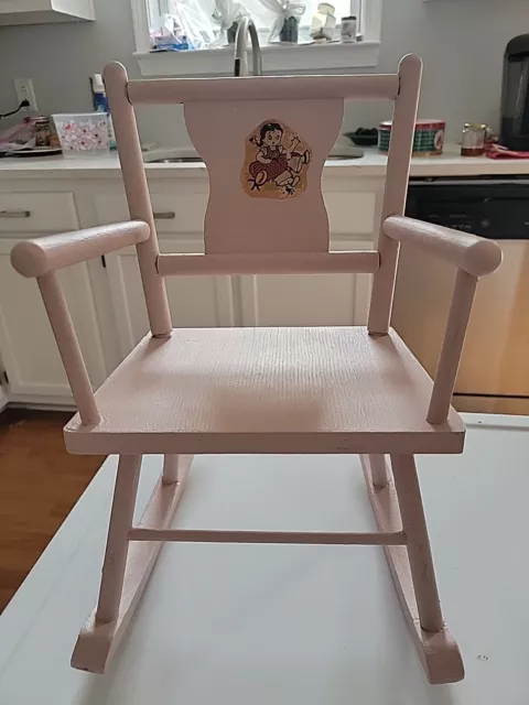 Vintage  Wooden Doll Rocking Chair With Decal Painted Pink