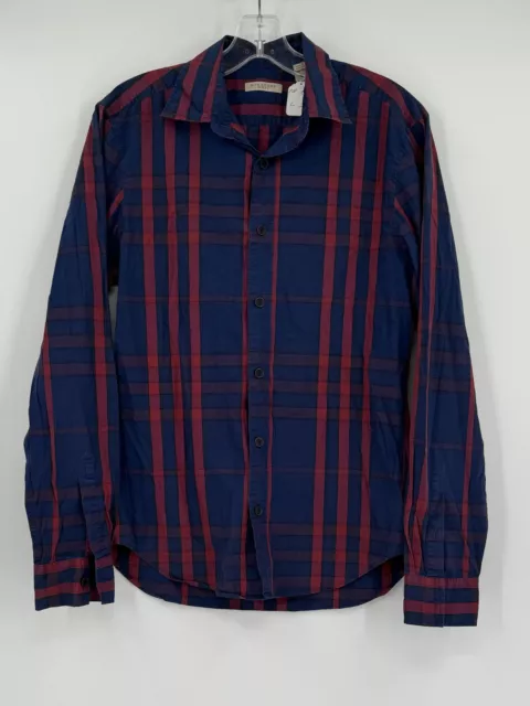 Burberry Brit Mens Blue Burgundy Plaid Collared Long Sleeve Button Up Shirt Sz S