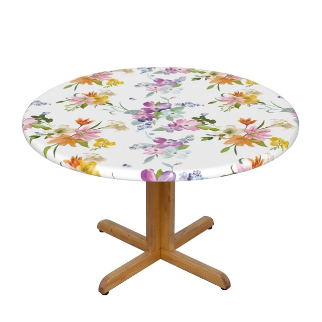 Flowers Spring Watercolor Round Tablecloth Fitted Table Cover Elastic Edged T...