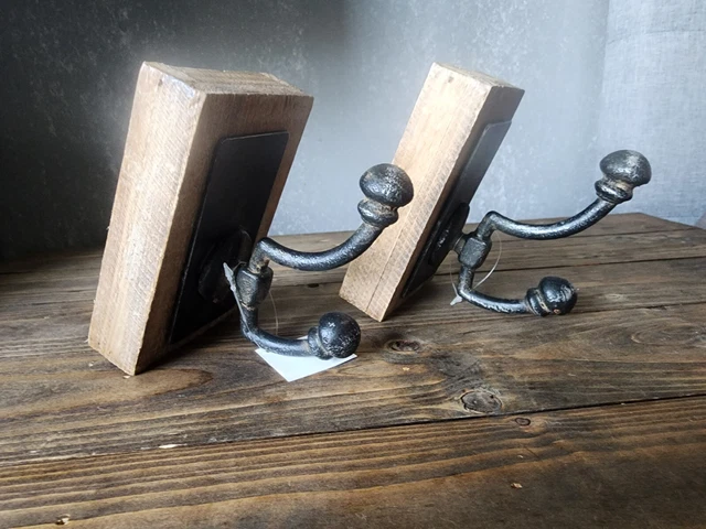 2 Black Antique-Style Double Ring Hooks Rustic Wall Hardware Towel Coat Hat 