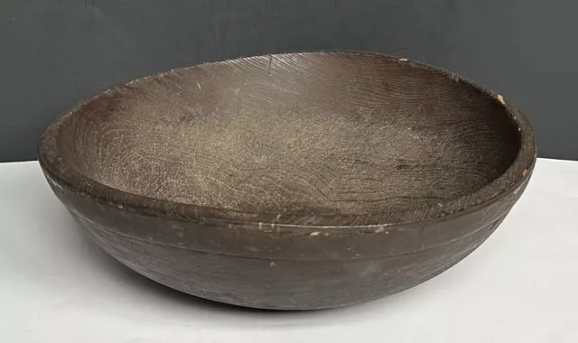 Antique 1800s Large Chestnut 16” Dia. 1” Lip Turned Wood Wooden Bowl Old Patina