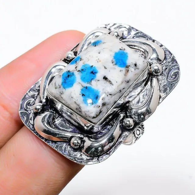 K2 Blue Azurite Stone Handmade 925 Sterling Silver Jewelry Ring Size 8 R360