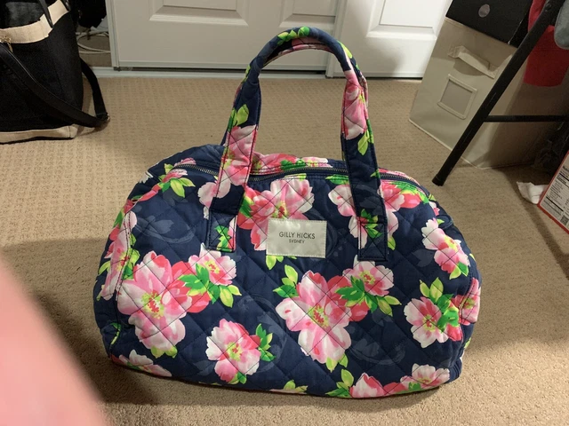 Gilly Hicks Sydney Travel Duffle Bag Tote Luggage Pink Floral Fabric Navy Blue