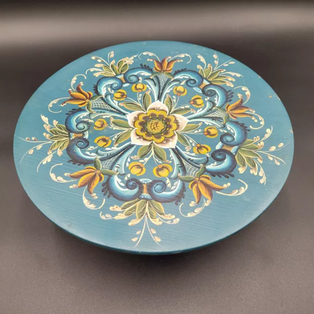 Vintage Norwegian Rosemaling Wood Cake Plate Blue Hand Painted 12.5" diameter 2