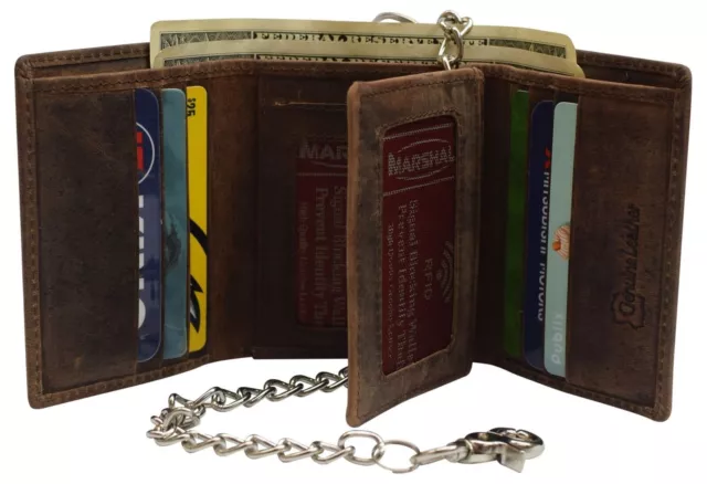 RFID Blocking Mens Chain Biker Vintage Genuine Leather Classic Trifold Wallet