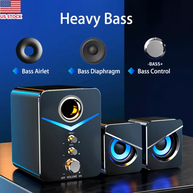 USB COMPUTER SPEAKERS System Stereo Bass Subwoofer LED for Desktop